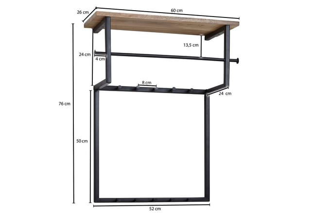 furnicato Garderobe Wandgarderobe Vollholz Metall 60x76x26 cm Braun Schwarz (1 St), Hakenleiste mit Ablagefläche und Kleiderstange für dein Flurdesign