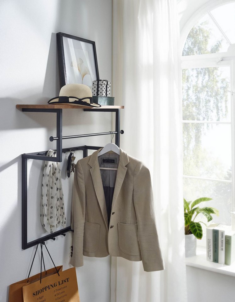 furnicato Garderobe Wandgarderobe Vollholz Metall 60x76x26 cm Braun Schwarz (1 St), Hakenleiste mit Ablagefläche und Kleiderstange für dein Flurdesign Bild 5
