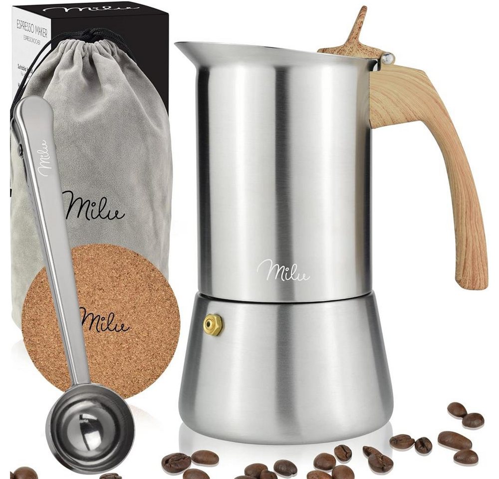 Milu Espressokocher, Edelstahl 9 Tassen, 450 ml, Holzoptik Griff, Induktion, 7-tlg. Set
