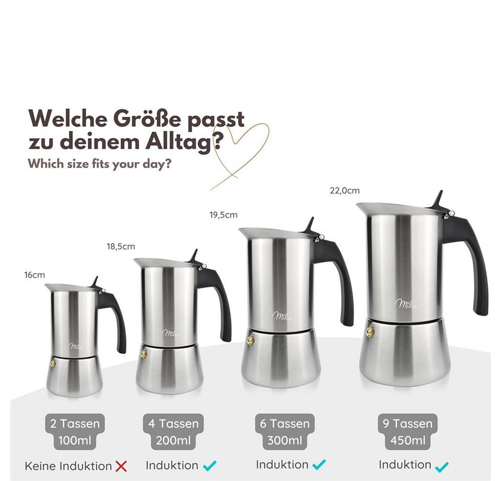 Milu Espressokocher, Edelstahl 9 Tassen, 450 ml, Holzoptik Griff, Induktion, 7-tlg. Set Bild 2