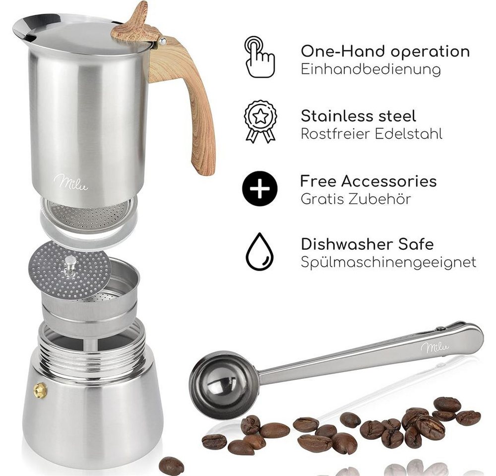 Milu Espressokocher, Edelstahl 9 Tassen, 450 ml, Holzoptik Griff, Induktion, 7-tlg. Set Bild 4