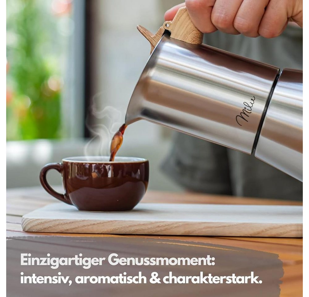 Milu Espressokocher, Edelstahl 9 Tassen, 450 ml, Holzoptik Griff, Induktion, 7-tlg. Set Bild 5
