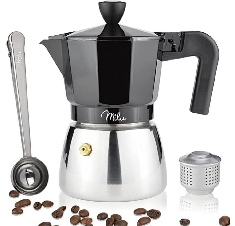 Milu Espressokocher, Espressokocher Induktion Aluminium Edelstahl, Schwarz