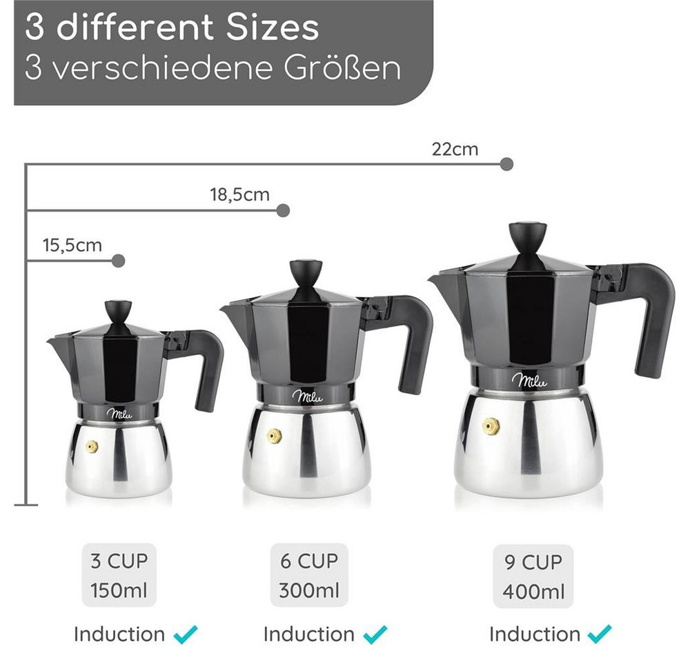 Milu Espressokocher, Espressokocher Induktion Aluminium Edelstahl, Schwarz Bild 4