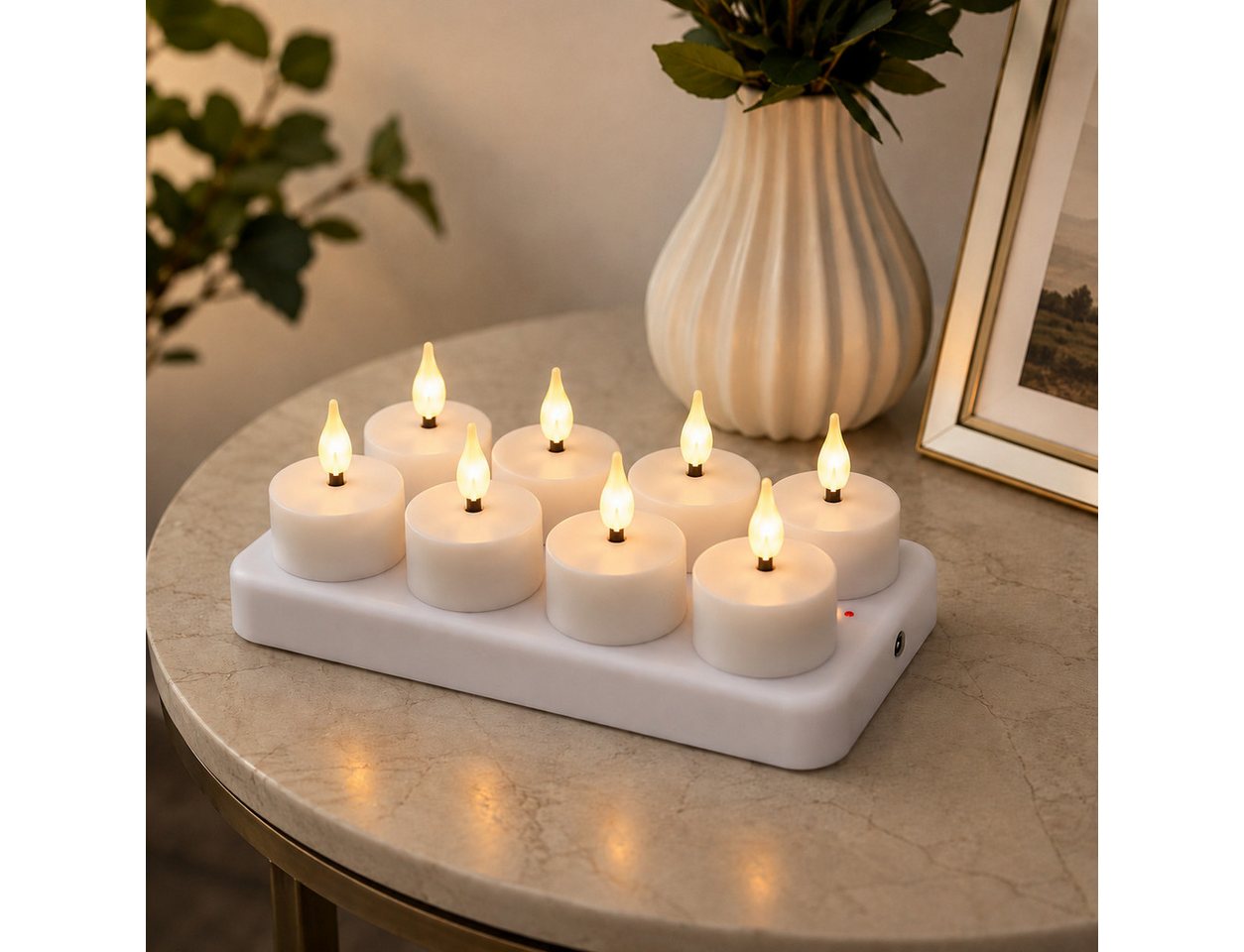 Lumineo LED-Kerze LED Teelichter warmweiß Akku USB Ladestation Timerfunktion 8er, warmweiß, Warmweiß Timerfunktion Akku USB Ladestation flammenlos dekorativ Bild 2