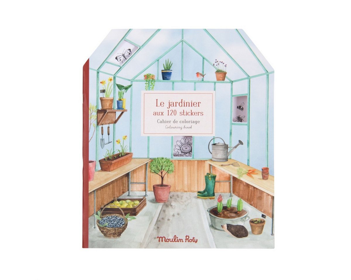 Moulin Roty Malvorlage Mal- und Stickerbuch "Gärtner" für kreative Kinder zum Ausmalen (Set), Mal- und Stickerbuch