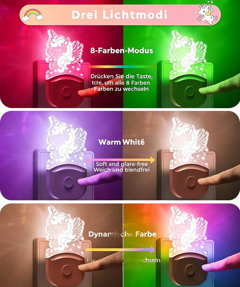 LOHAS-LED LED Nachtlicht 2er Set Einhorn Stecknachtlicht 0,5W mit Dämmerungssensor, LED fest integriert, Warmweiß + RGB Mehrfarben, 3000K RGB Farbspeicher, Sensor deaktiviert bei manueller Abschaltung