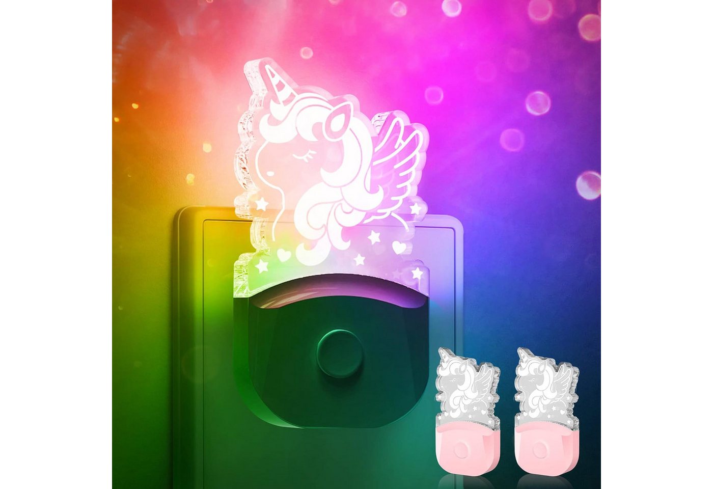 LOHAS-LED LED Nachtlicht 2er Set Einhorn Stecknachtlicht 0,5W mit Dämmerungssensor, LED fest integriert, Warmweiß + RGB Mehrfarben, 3000K RGB Farbspeicher, Sensor deaktiviert bei manueller Abschaltung Bild 2