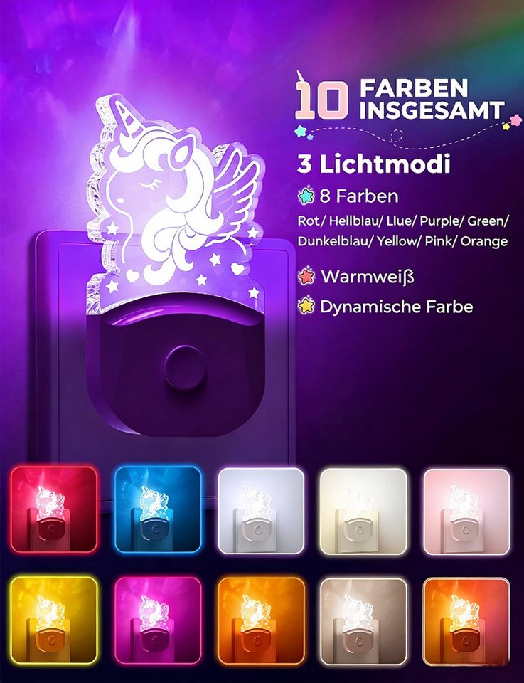 LOHAS-LED LED Nachtlicht 2er Set Einhorn Stecknachtlicht 0,5W mit Dämmerungssensor, LED fest integriert, Warmweiß + RGB Mehrfarben, 3000K RGB Farbspeicher, Sensor deaktiviert bei manueller Abschaltung Bild 3