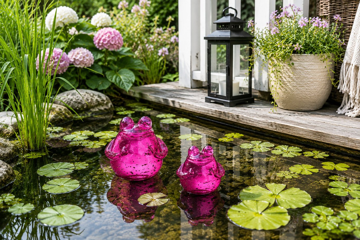 finehomegarden Teichfigur Glasfrosch schwimmend Frosch 2er Set Pink Dekorative Wasserdeko, (Set, 2-St., 2 tlg), aus Glas 9x10cm & 12x13cm für Miniteich Wasserschale Garten & Veranda Bild 2