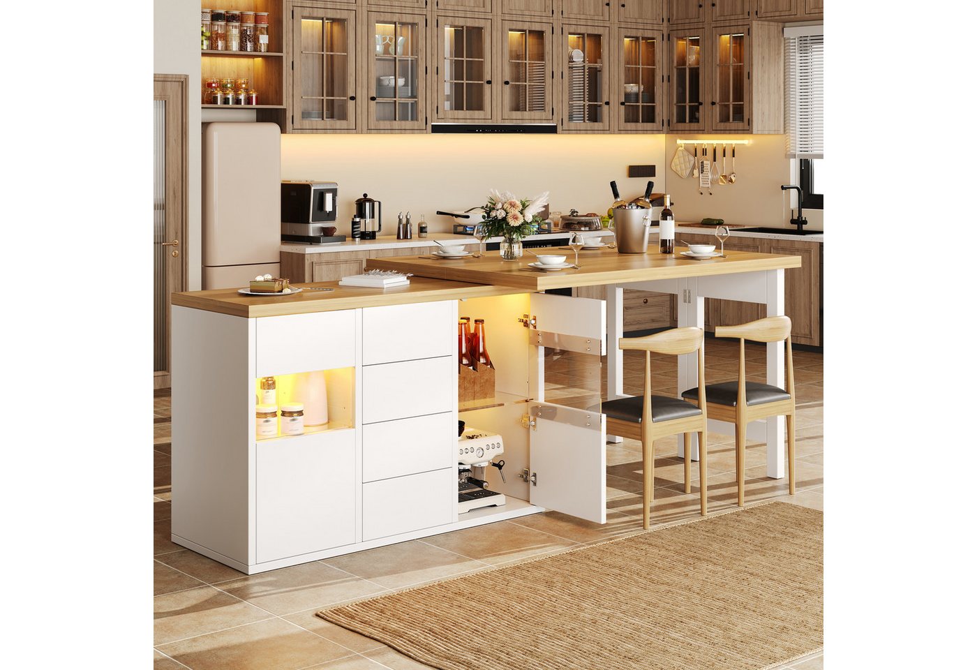 Flieks Kücheninsel mit 360° drehbarer und klappbarer Arbeitstisch, LED-Beleuchtung, (Holzoptik Tischplatte Tiefe 40-80cm, Längenverstellbar 120-197cm), ausziehbar Esstisch & Mehrzweckschrank, verstellbar Glaseinlegeböden