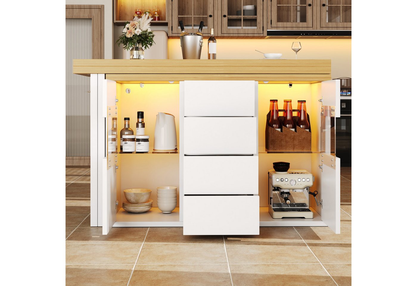 Flieks Kücheninsel mit 360° drehbarer und klappbarer Arbeitstisch, LED-Beleuchtung, (Holzoptik Tischplatte Tiefe 40-80cm, Längenverstellbar 120-197cm), ausziehbar Esstisch & Mehrzweckschrank, verstellbar Glaseinlegeböden Bild 3