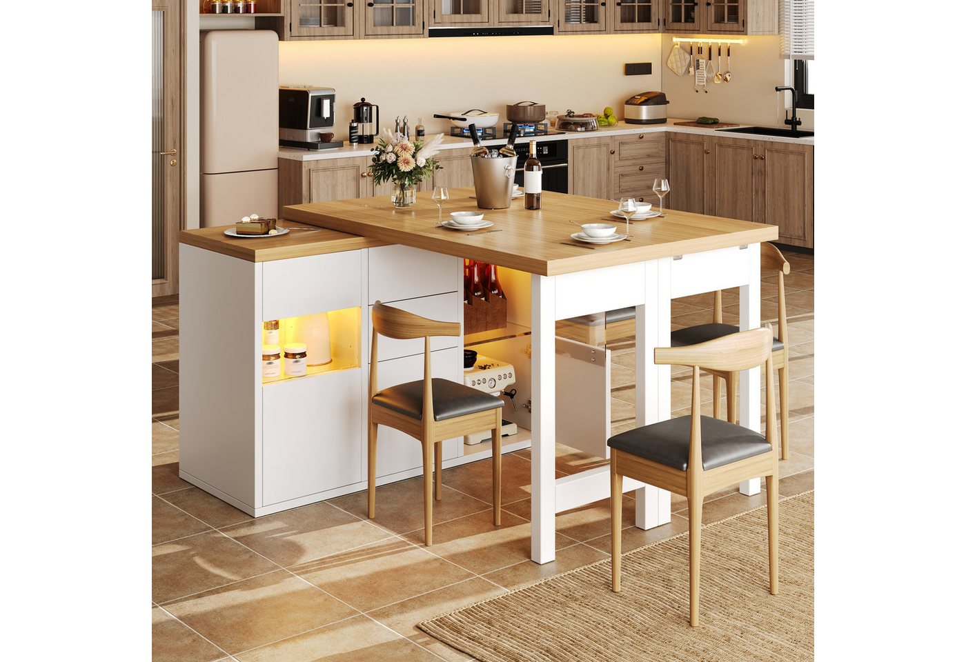 Flieks Kücheninsel mit 360° drehbarer und klappbarer Arbeitstisch, LED-Beleuchtung, (Holzoptik Tischplatte Tiefe 40-80cm, Längenverstellbar 120-197cm), ausziehbar Esstisch & Mehrzweckschrank, verstellbar Glaseinlegeböden Bild 4