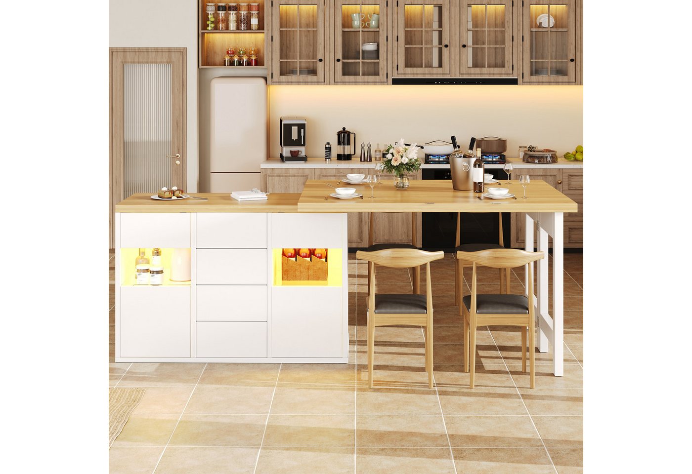 Flieks Kücheninsel mit 360° drehbarer und klappbarer Arbeitstisch, LED-Beleuchtung, (Holzoptik Tischplatte Tiefe 40-80cm, Längenverstellbar 120-197cm), ausziehbar Esstisch & Mehrzweckschrank, verstellbar Glaseinlegeböden Bild 5
