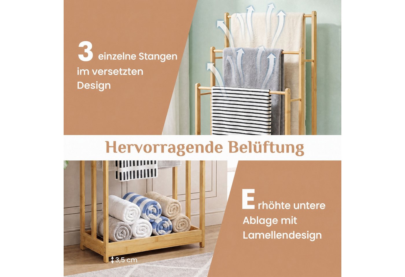 COSTWAY Handtuchhalter, Handtuchständer stehend Holz mit 3 Handtuchstangen