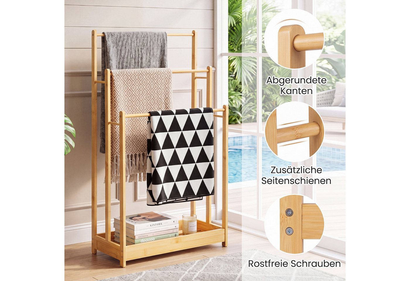COSTWAY Handtuchhalter, Handtuchständer stehend Holz mit 3 Handtuchstangen Bild 3