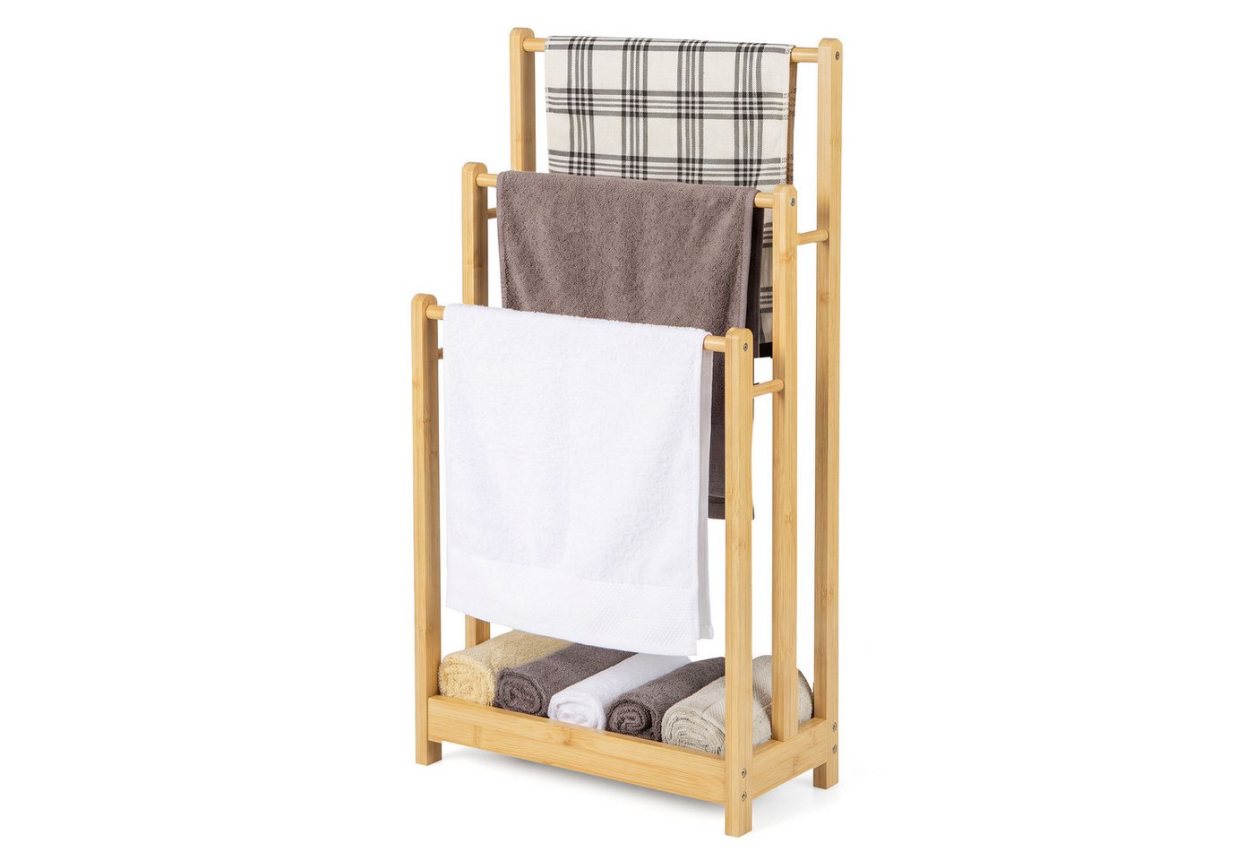 COSTWAY Handtuchhalter, Handtuchständer stehend Holz mit 3 Handtuchstangen Bild 4