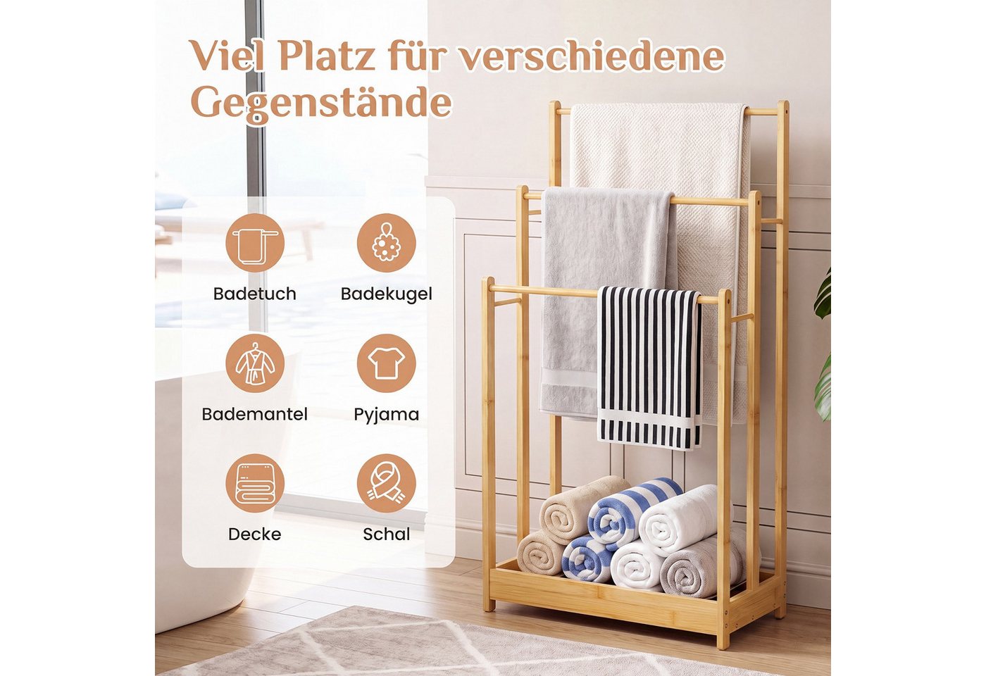 COSTWAY Handtuchhalter, Handtuchständer stehend Holz mit 3 Handtuchstangen Bild 5