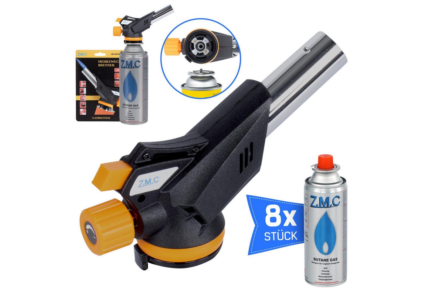 ZMC Flambierbrenner Otto mit 8x, (Temperatur von bis zu 1300 ° C, Einstellbare Flamme, Piezo-Zündung, Kohleanzünder Flambierbrenner Butangasbrenner Butangas Gaskartusche), Brenneraufsatz Gasbrenner Flambiergerät Lötbrenner Gasanzünder