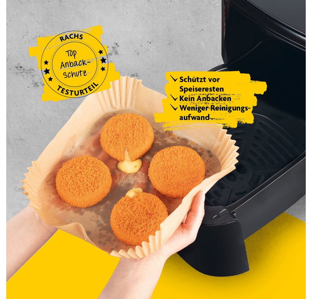 Rachs KOCHWERK Backpapier für Heißluftfritteuse 2-5 Liter - 50 Stück – 16 x 16 x 4,5 cm, für Airfryer, Backpapierschale antihaftbeschichtet & ölbeständig Bild 2