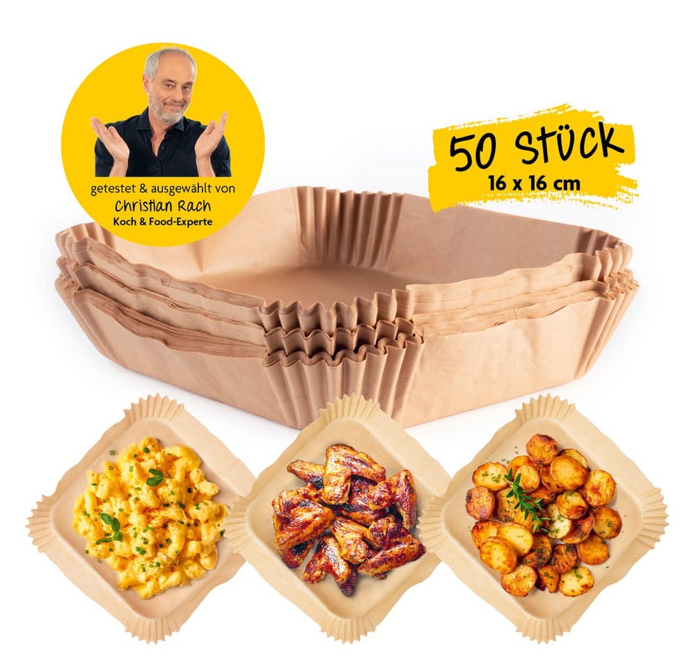 Rachs KOCHWERK Backpapier für Heißluftfritteuse 2-5 Liter - 50 Stück – 16 x 16 x 4,5 cm, für Airfryer, Backpapierschale antihaftbeschichtet & ölbeständig Bild 3