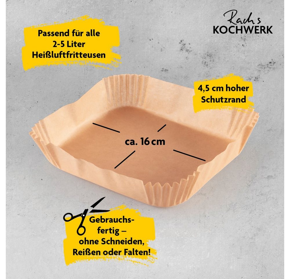 Rachs KOCHWERK Backpapier für Heißluftfritteuse 2-5 Liter - 50 Stück – 16 x 16 x 4,5 cm, für Airfryer, Backpapierschale antihaftbeschichtet & ölbeständig Bild 4