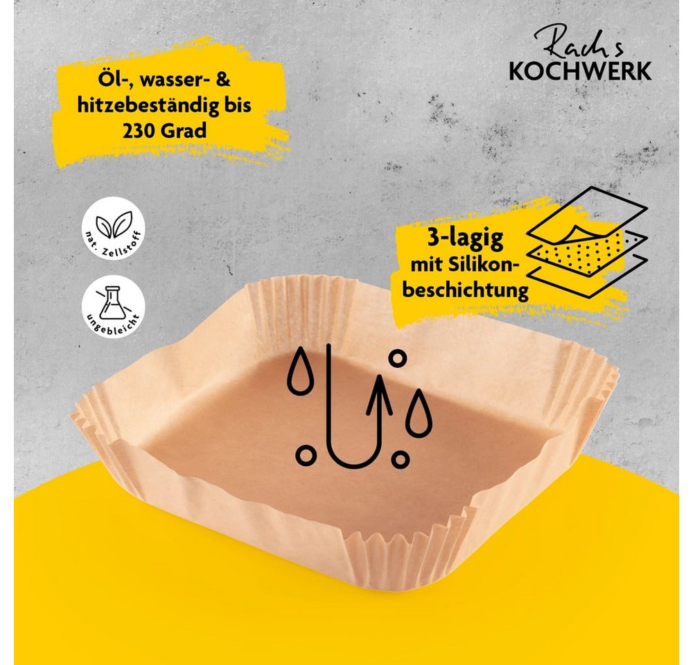 Rachs KOCHWERK Backpapier für Heißluftfritteuse 2-5 Liter - 50 Stück – 16 x 16 x 4,5 cm, für Airfryer, Backpapierschale antihaftbeschichtet & ölbeständig Bild 5