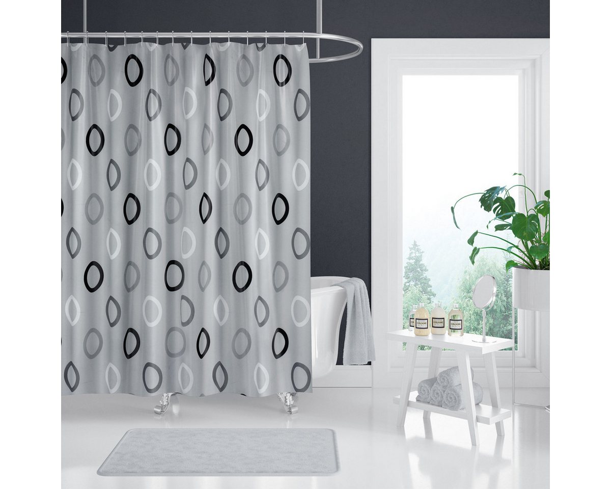 Ekershop Duschvorhang Textil Grau mit Weiß Schwarz Kreisen für Duschstange Breite 220 cm (inkl. Ringe), Höhe 200 cm, wasserabweisend, waschbar, bügelbar Bild 2