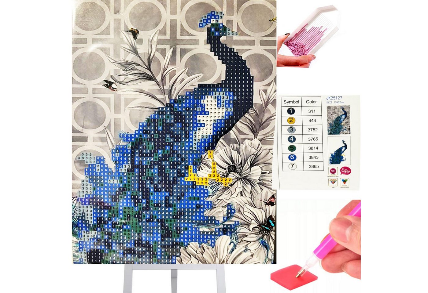 Realb2b Malen nach Zahlen 5d Diamond Painting Pfau Staffelei Malen nach Zahlen 15x20cm (Komplettset für 5D Diamond Painting inklusive Leinwand, Diamanten und Werkzeugen, Diamond Painting Set mit Zubehör für DIY-Kreativität und Entspannung), 15x20cm 5D Diamond Painting mit präziser Klebeschicht & Zubehör