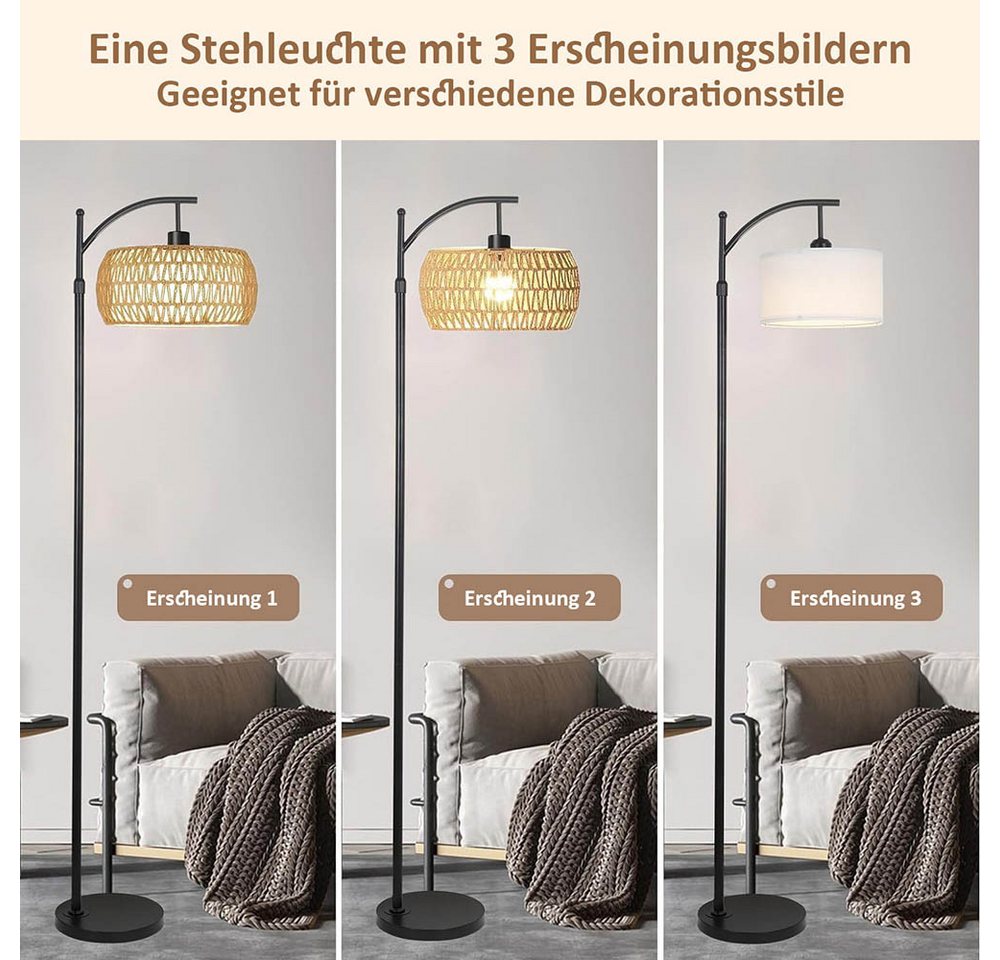 LMaxhome Stehlampe LED Bogenlampen Rattan Lampenschirm Dimmbar Stehleuchte für Wohnzimmer, Höhenverstellbarer und um 360° drehbarer Lampenarm, LED fest integriert, Warmweiß, Naturweiß, Kaltweiß (3000-6500K), E27 Fassung max 12W, Fernbedienung App-Steuerung Fußschalter Leselampe