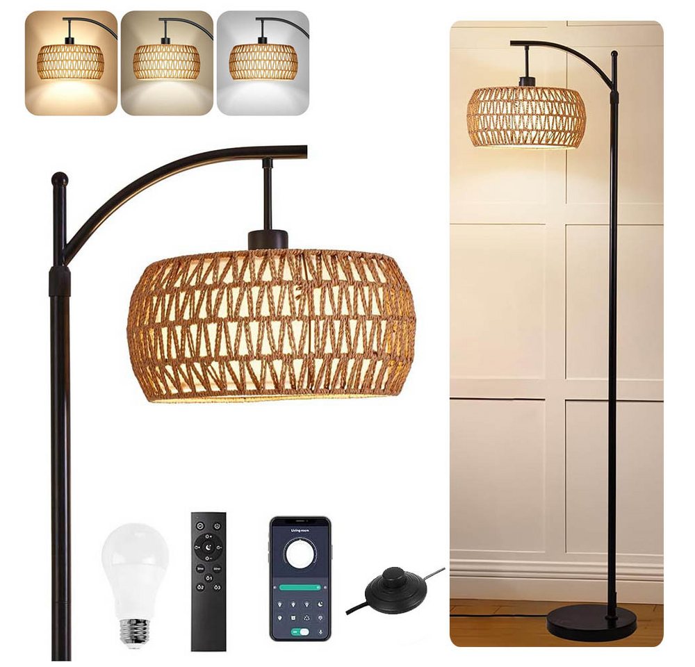LMaxhome Stehlampe LED Bogenlampen Rattan Lampenschirm Dimmbar Stehleuchte für Wohnzimmer, Höhenverstellbarer und um 360° drehbarer Lampenarm, LED fest integriert, Warmweiß, Naturweiß, Kaltweiß (3000-6500K), E27 Fassung max 12W, Fernbedienung App-Steuerung Fußschalter Leselampe Bild 3