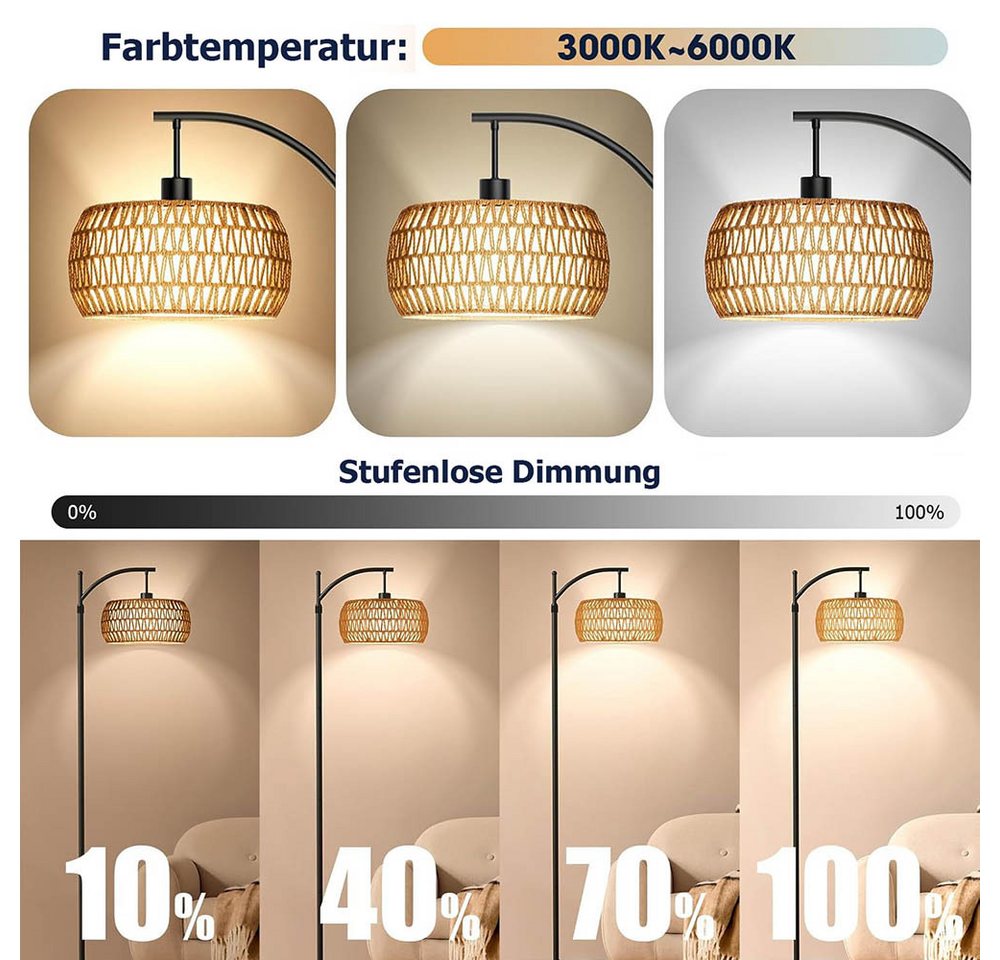LMaxhome Stehlampe LED Bogenlampen Rattan Lampenschirm Dimmbar Stehleuchte für Wohnzimmer, Höhenverstellbarer und um 360° drehbarer Lampenarm, LED fest integriert, Warmweiß, Naturweiß, Kaltweiß (3000-6500K), E27 Fassung max 12W, Fernbedienung App-Steuerung Fußschalter Leselampe Bild 4