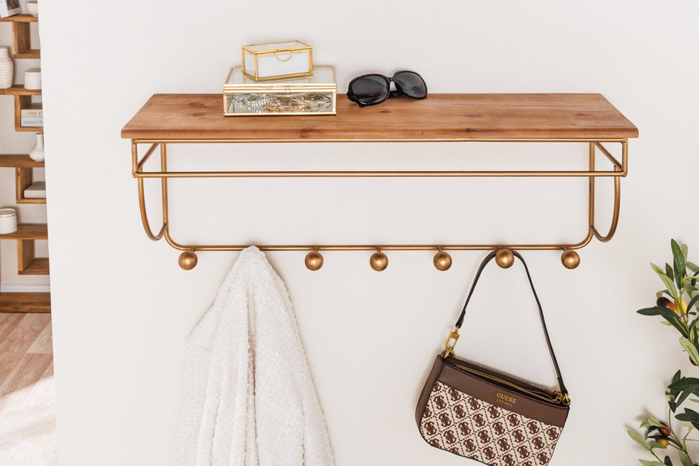 riess-ambiente Wandgarderobe HERITAGE 80cm natur gold messing · Flurgarderobe mit 7 Haken & Ablage (Einzelartikel, 1 St), Pinienholz · Metallgestell · fertig montiert · Dekoration Bild 2