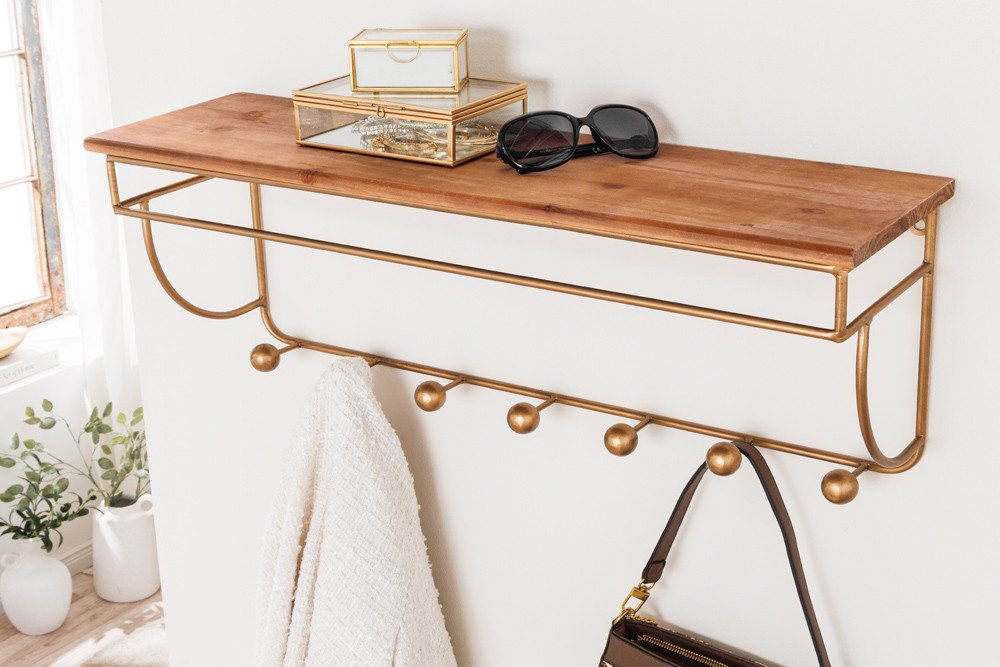 riess-ambiente Wandgarderobe HERITAGE 80cm natur gold messing · Flurgarderobe mit 7 Haken & Ablage (Einzelartikel, 1 St), Pinienholz · Metallgestell · fertig montiert · Dekoration Bild 5