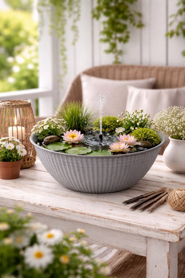 finehomegarden Pflanzschale Schale Metall lackiert hellgrau Wasserwanne Miniteich Teichwanne (1 St), Pflanzschale Garten Dekoschale Ø32+38cm 2Größen wählbar / Paket Bild 2