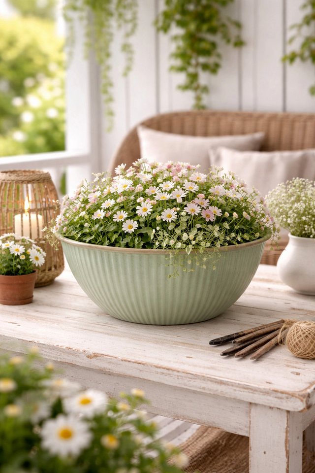 finehomegarden Pflanzschale Schale Metall lackiert hellgrün Wasserwanne Miniteich Teichwanne (1 St), Pflanzschale Garten Dekoschale Ø32+38cm 2Größen wählbar