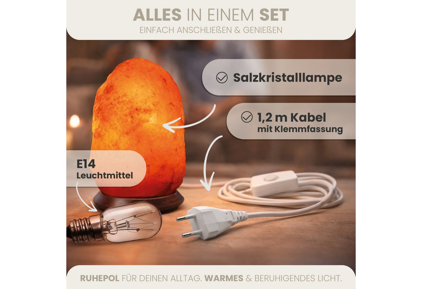 HAF Salzkristall-Tischlampe Rosa Salzlampe Naturform in 3 Größen Salzkristalllampe Fassung + Birne, Leuchtmittel wechselbar, Warmweiß/Rosa, Handgefertigt - jeder Stein ein Unikat Bild 2
