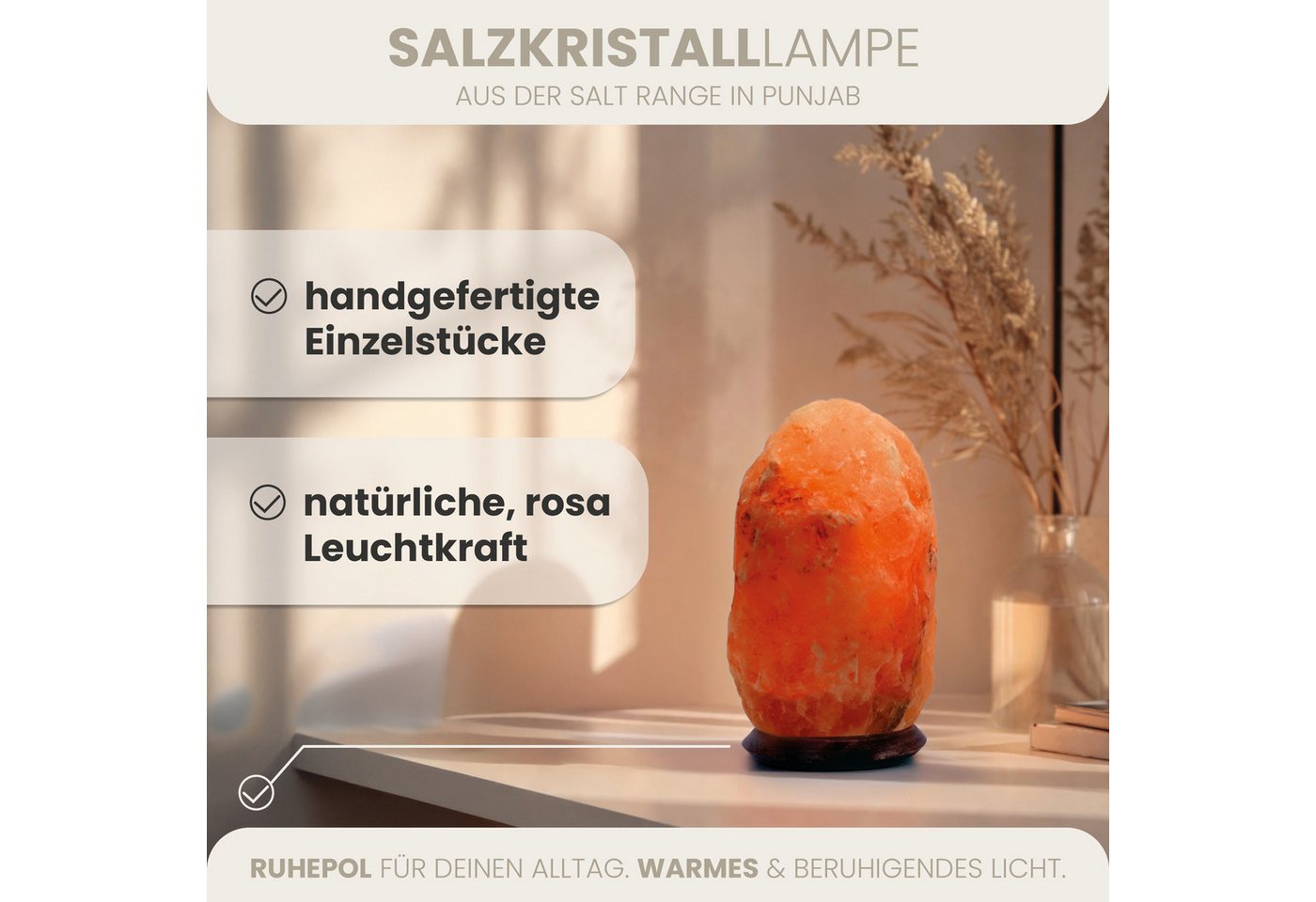 HAF Salzkristall-Tischlampe Rosa Salzlampe Naturform in 3 Größen Salzkristalllampe Fassung + Birne, Leuchtmittel wechselbar, Warmweiß/Rosa, Handgefertigt - jeder Stein ein Unikat Bild 4