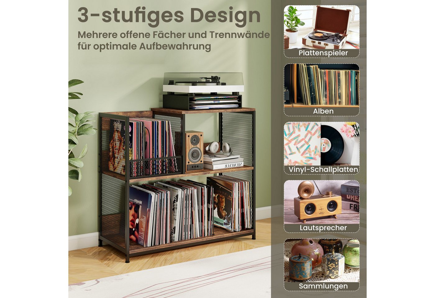 KOMFOTTEU Regal, 3-stöckiger Plattenspielerständer, Plattenregal mit Stauraum Bild 4