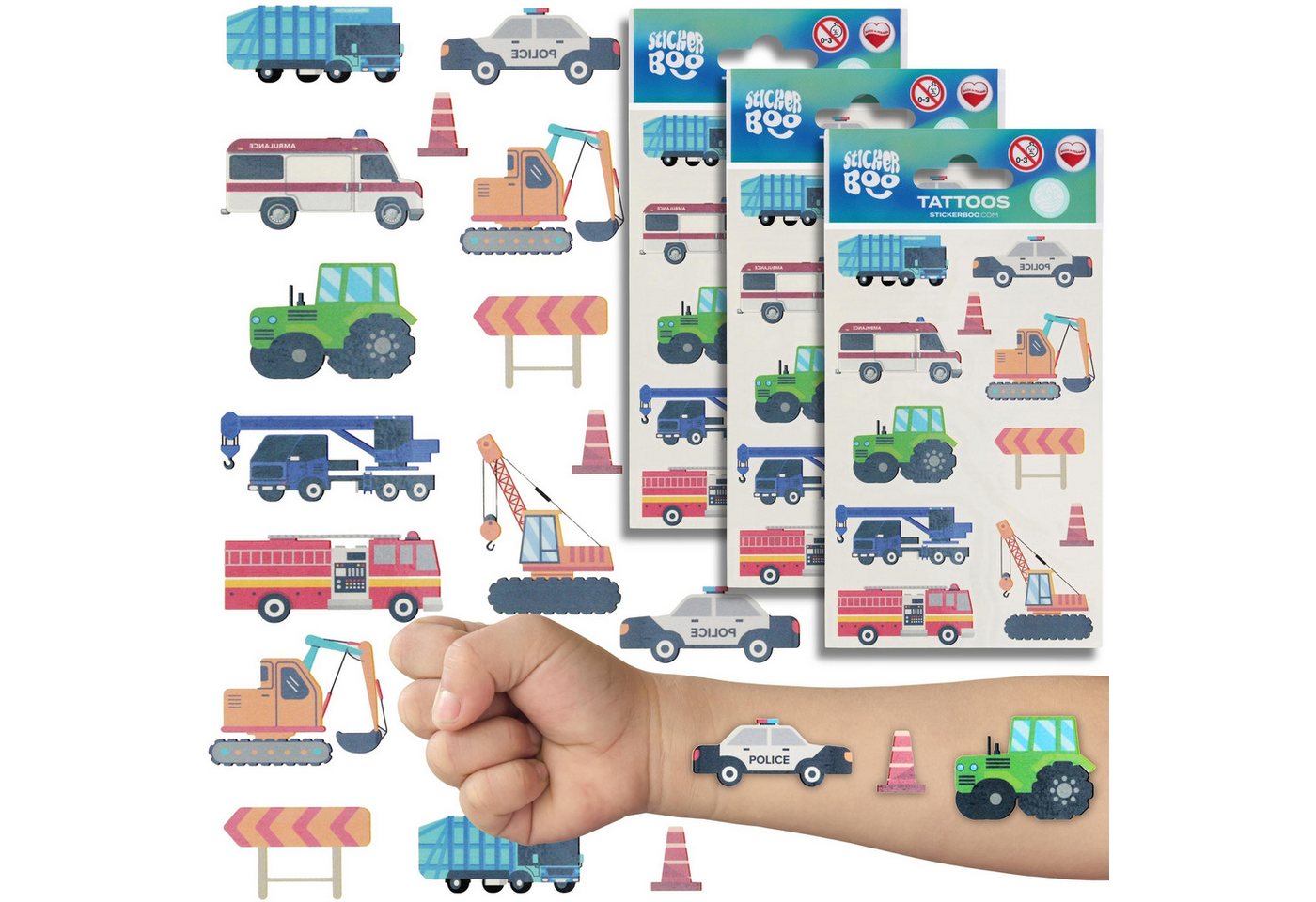 Sarcia.eu Stickerbuch Tattoo-Set Fahrzeuge für Kinder, 30 waschbare Tattoos, 3 Blätter Bild 5