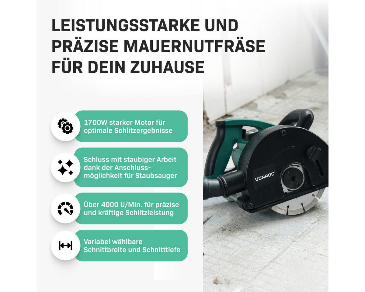 VONROC Mauernutfräse Schlitzfräse mit Absaugung für Kabelnut 14/19/29mm, (Set, 6-tlg., inklusive Diamantscheiben), Schlitzmaschine 150mm mit Schnittiefe [4-40mm]