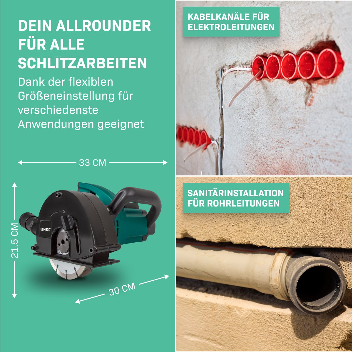 VONROC Mauernutfräse Schlitzfräse mit Absaugung für Kabelnut 14/19/29mm, (Set, 6-tlg., inklusive Diamantscheiben), Schlitzmaschine 150mm mit Schnittiefe [4-40mm] Bild 3