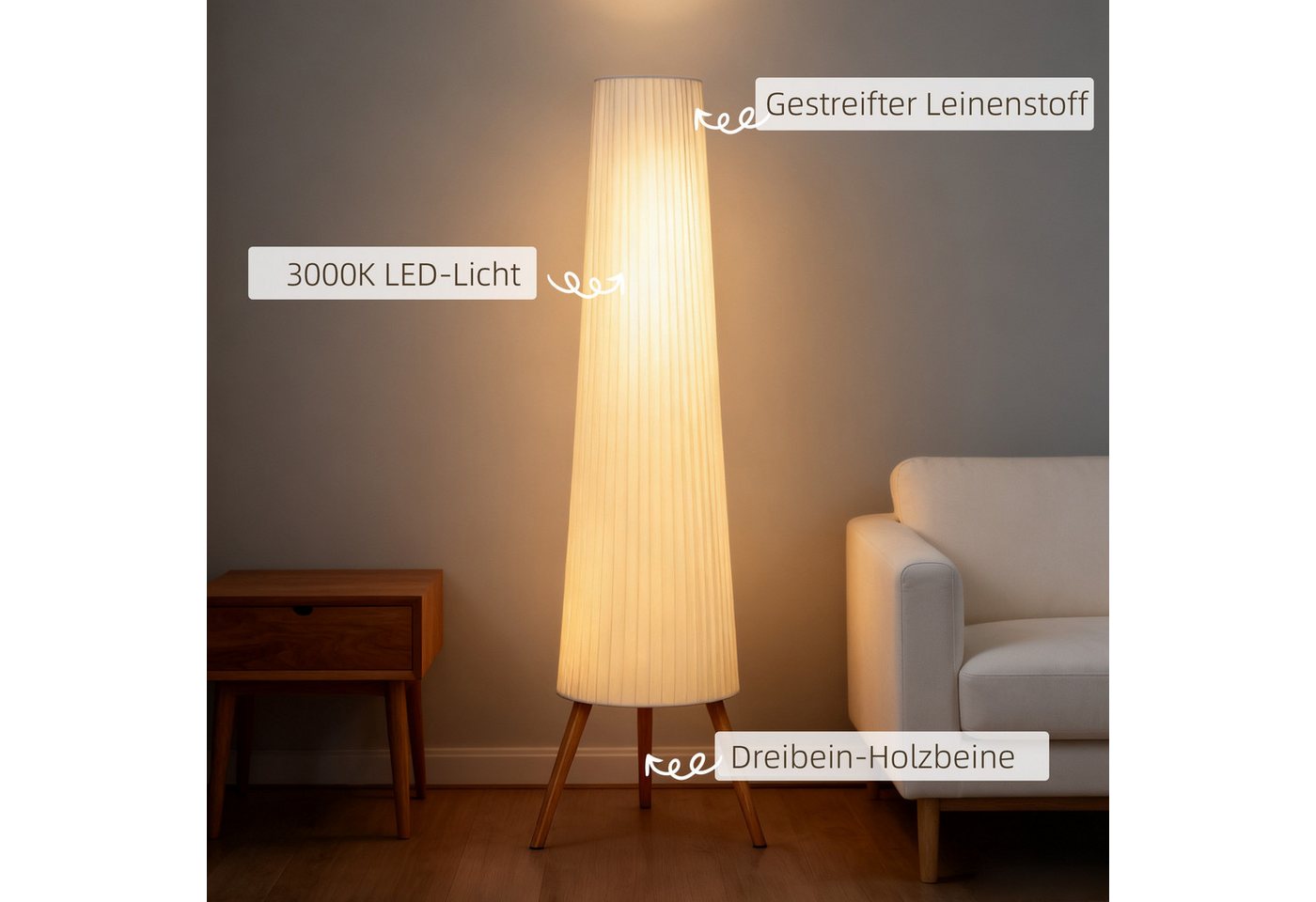 HOMCOM Stehlampe LED Dimmbar, Holz mit Dreibein, Stehleuchte mit Fußschalter, Dimmfunktion, LED fest integriert, Warmweiß, für Wohnzimmer Schlafzimmer, Weiß