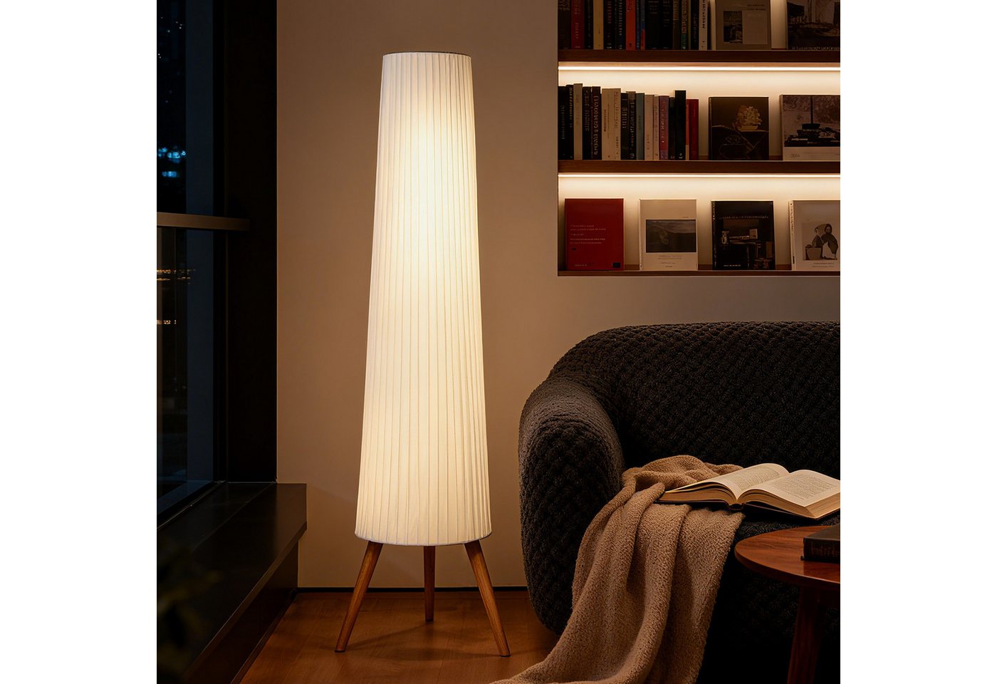 HOMCOM Stehlampe LED Dimmbar, Holz mit Dreibein, Stehleuchte mit Fußschalter, Dimmfunktion, LED fest integriert, Warmweiß, für Wohnzimmer Schlafzimmer, Weiß Bild 2