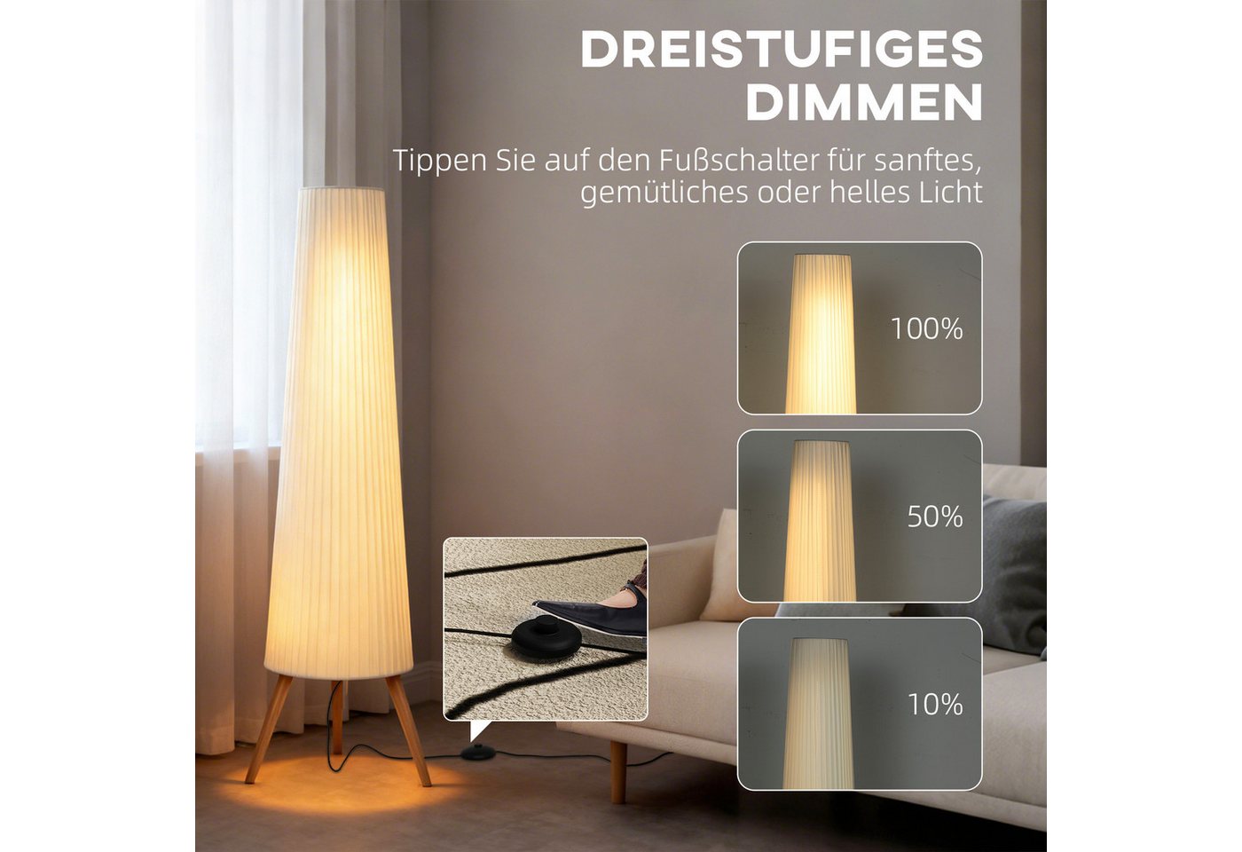 HOMCOM Stehlampe LED Dimmbar, Holz mit Dreibein, Stehleuchte mit Fußschalter, Dimmfunktion, LED fest integriert, Warmweiß, für Wohnzimmer Schlafzimmer, Weiß Bild 3