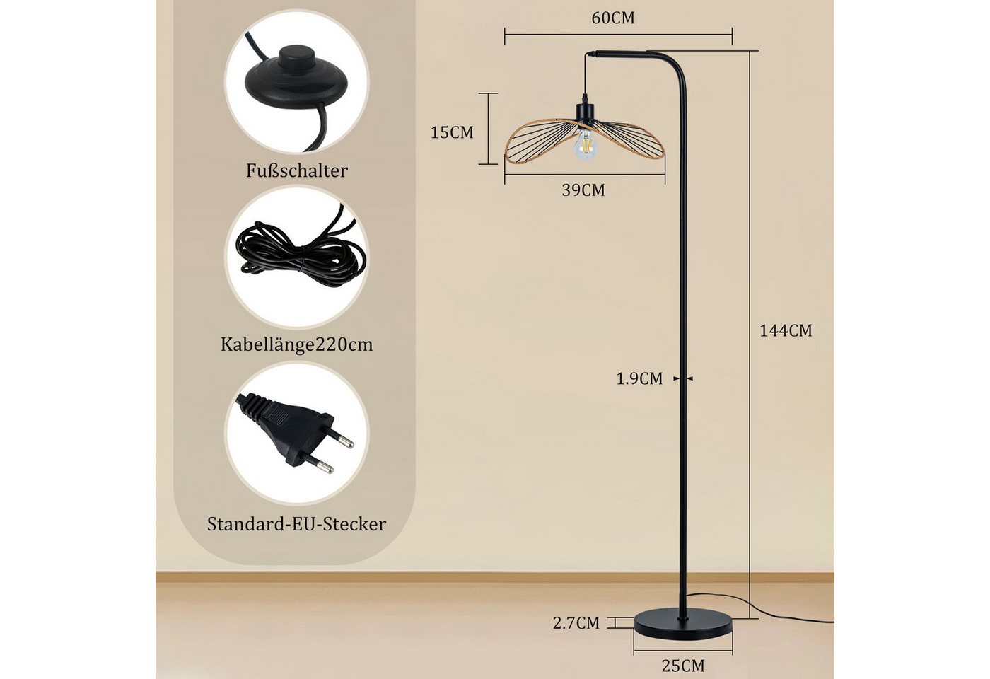 Nettlife Stehlampe Schwarz Vintage Bogenlampe Fußschalter Leselampe aus Metall E27, ohne Leuchtmittel, für Wohnzimmer Schlafzimmer Büro