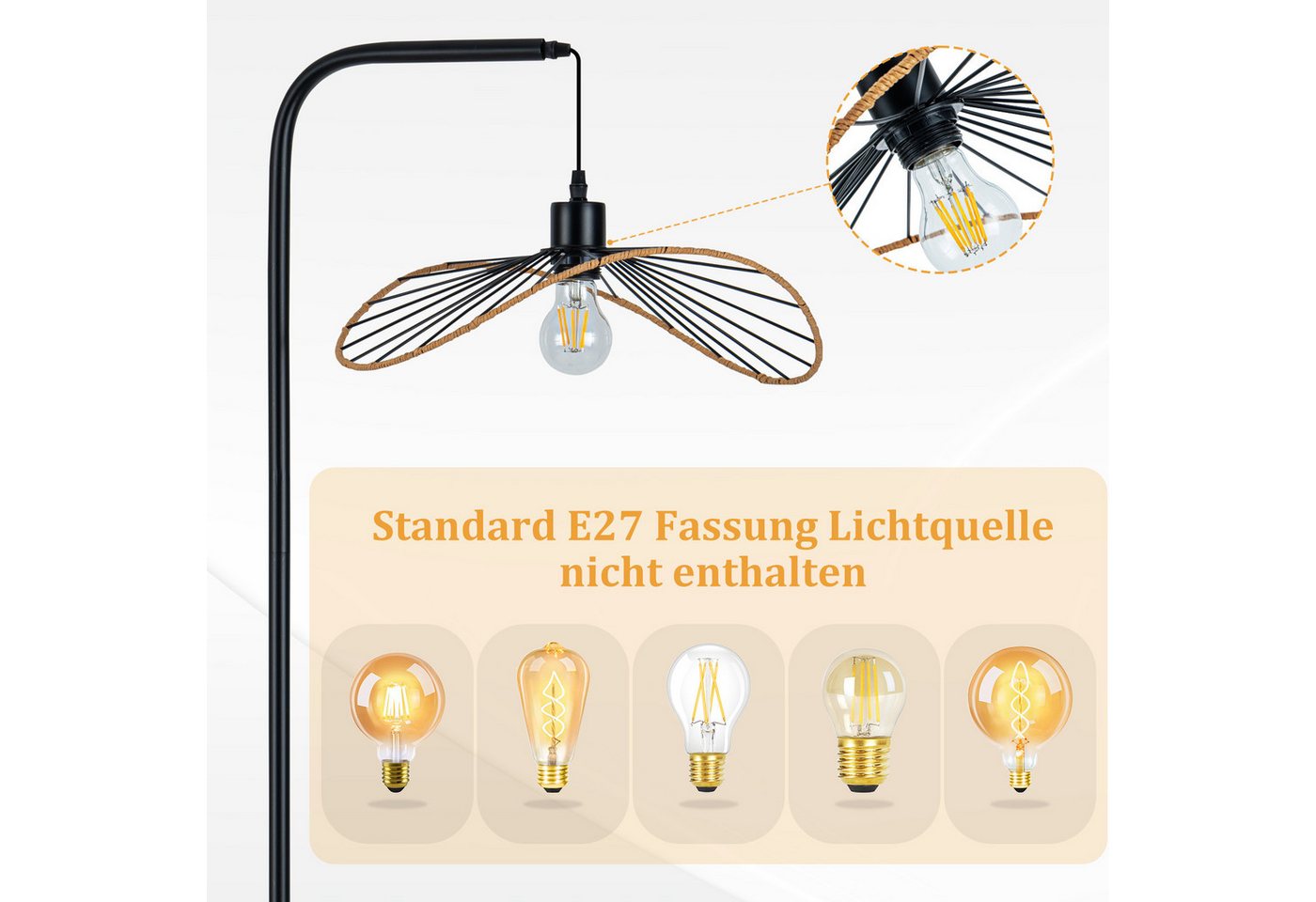 Nettlife Stehlampe Schwarz Vintage Bogenlampe Fußschalter Leselampe aus Metall E27, ohne Leuchtmittel, für Wohnzimmer Schlafzimmer Büro Bild 2