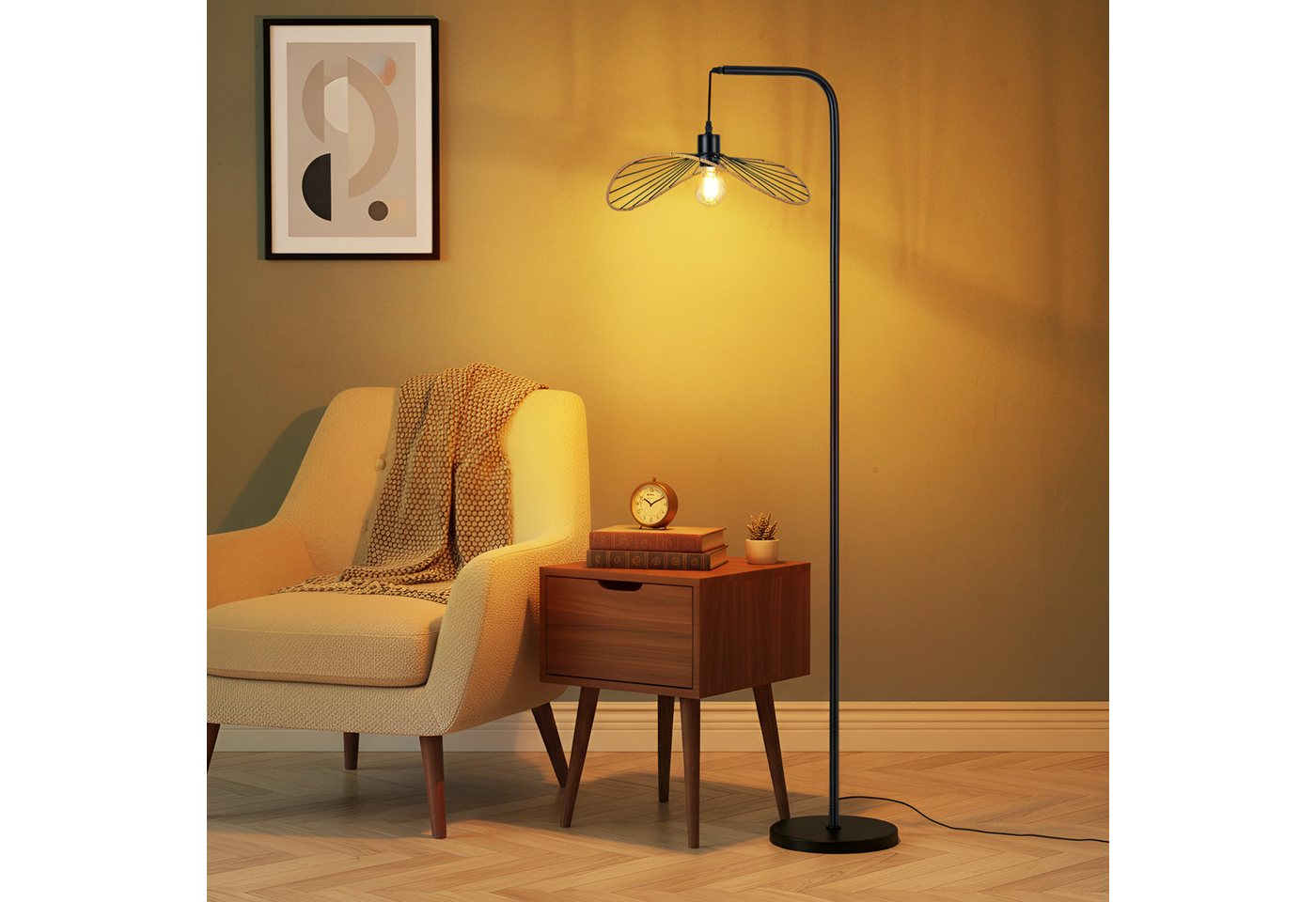 Nettlife Stehlampe Schwarz Vintage Bogenlampe Fußschalter Leselampe aus Metall E27, ohne Leuchtmittel, für Wohnzimmer Schlafzimmer Büro Bild 3