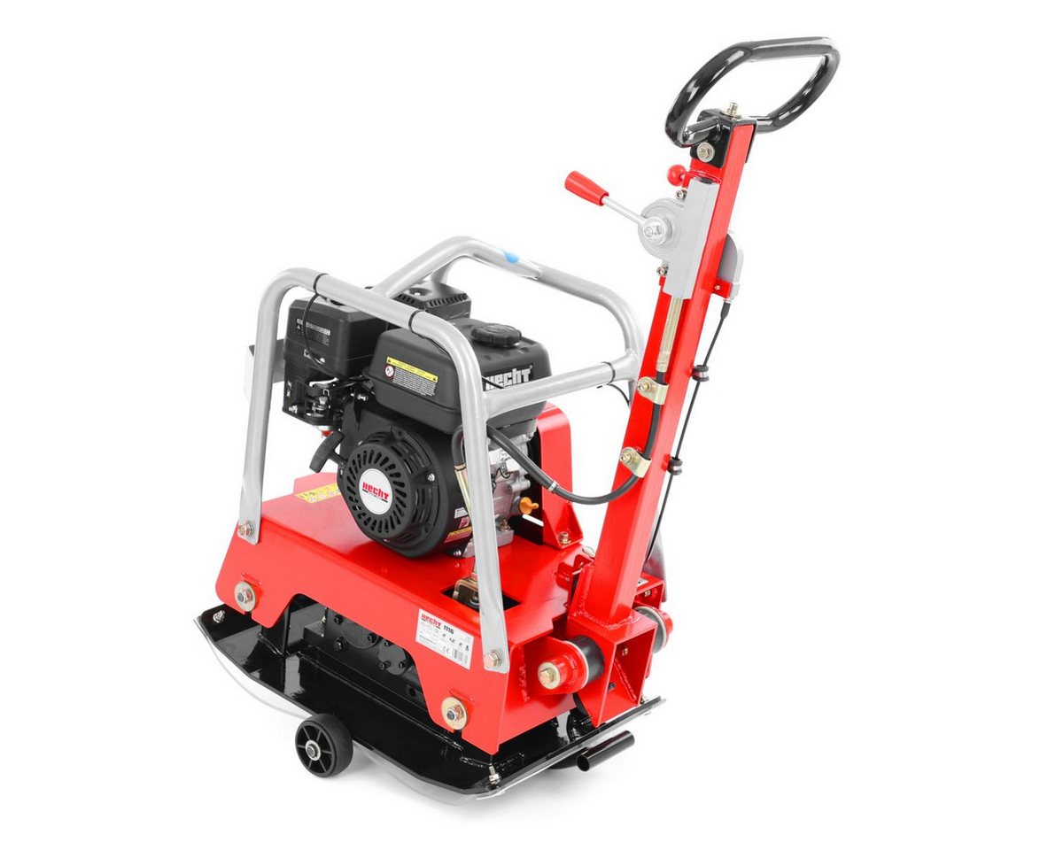 Hecht Rüttelplatte Vibrationsstampfer mit Fahrwerk, 3,7 kW (196 ccm), 25 kN bis 30cm, max. 4300 vpm, (LxB) 40x63 cm, 35 m/min, Gummimatte, Transporträder, 4300 / min