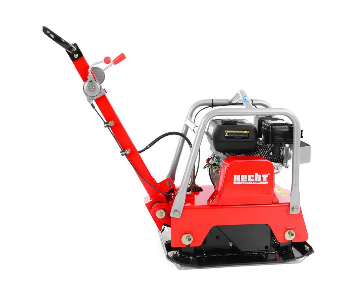 Hecht Rüttelplatte Vibrationsstampfer mit Fahrwerk, 3,7 kW (196 ccm), 25 kN bis 30cm, max. 4300 vpm, (LxB) 40x63 cm, 35 m/min, Gummimatte, Transporträder, 4300 / min Bild 2
